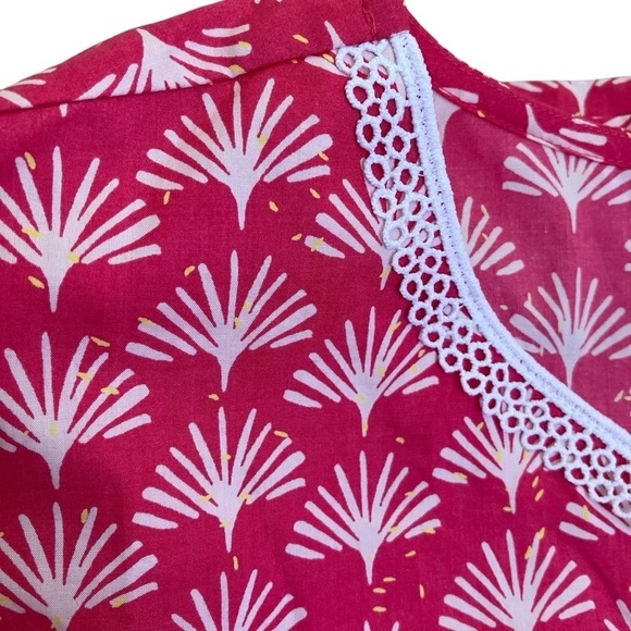 Talbots Pink White Fan Print Poplin Popover Blouse Lace Trim 3/4 Sleeves Sz X - Picture 12 of 16
